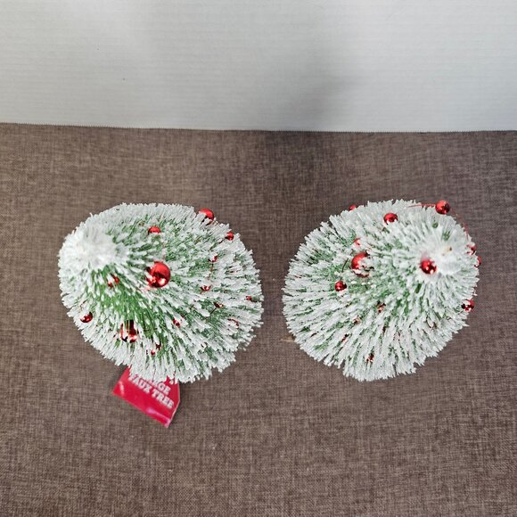 2 Holiday Style 11" Green Bottle Brush Trees With White Tips & Red Bead Garland - Picture 9 of 9